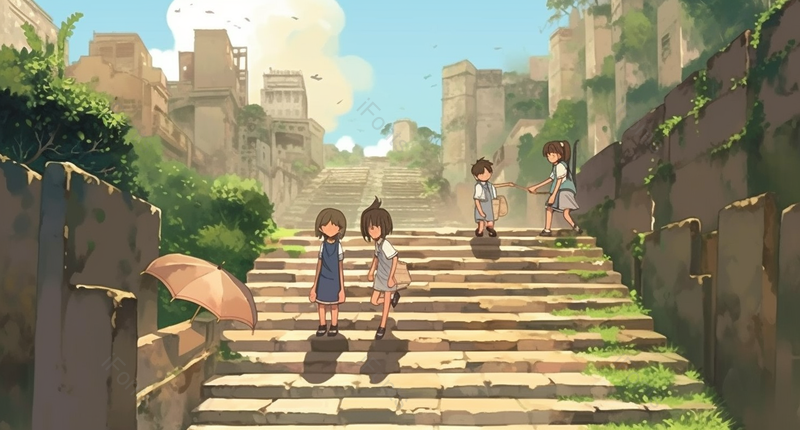 乡村台阶上玩耍的儿童插画图,插画/手绘图,插画/手绘图库,插画/手绘图下载,插画/手绘